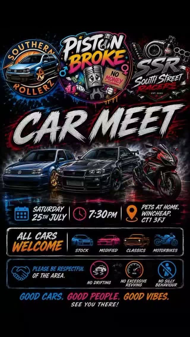 Piston Broke x Southern Rollerz x SSR Car Meet — JDM/Euro car meet in International on Saturday 25 July 2026
