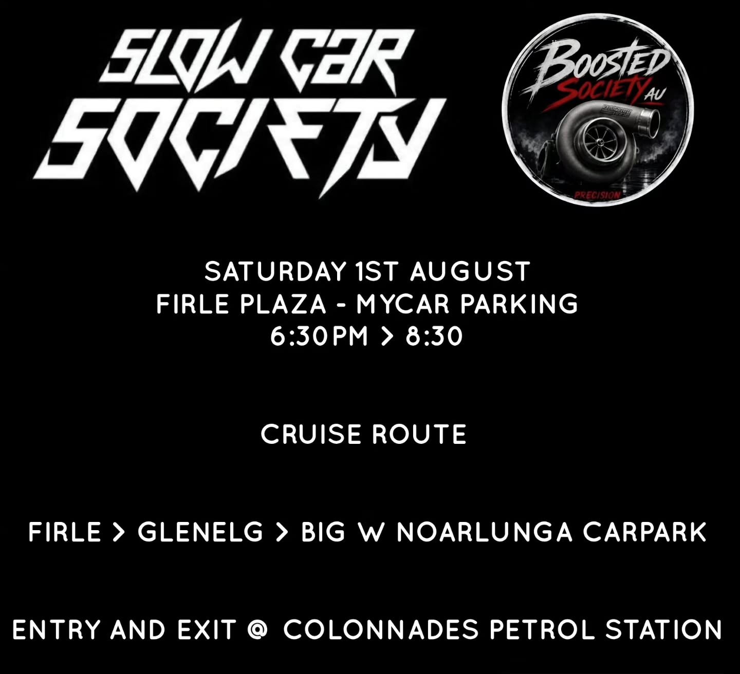 Slow Car Society x Boosted Society AU Collaboration Cruise — Stance/JDM car meet in Adelaide, SA on Saturday 1 August 2026