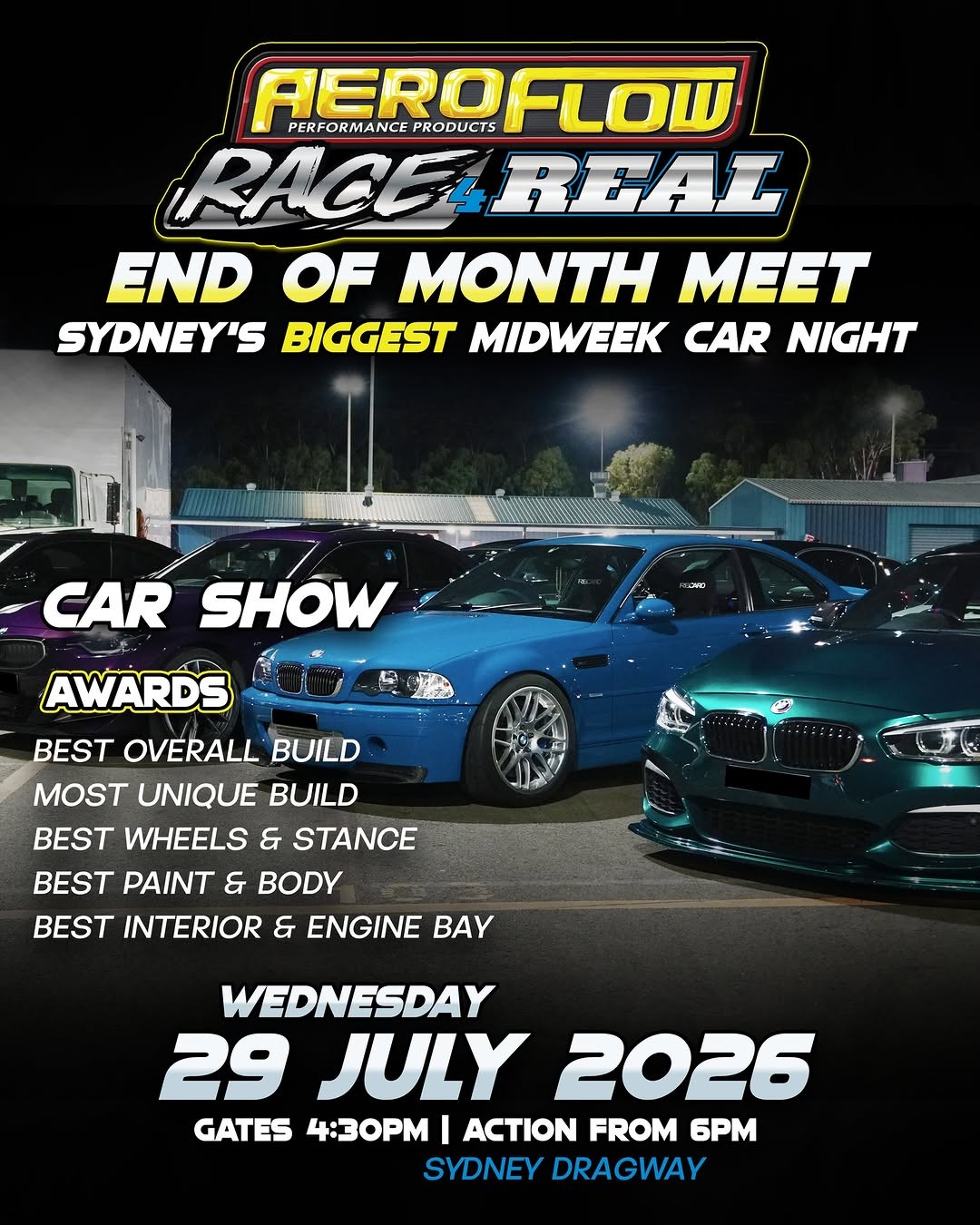 Aeroflow Race 4 Real - End of Month Meet — Euro/JDM car meet in Sydney, NSW on Wednesday 29 July 2026