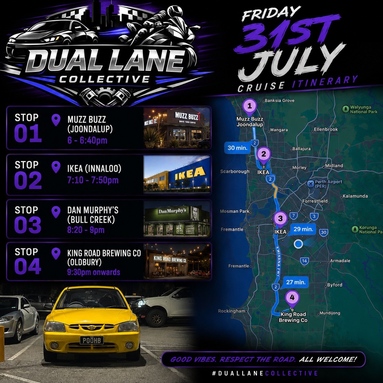 Dual Lane Collective Cruise — JDM car meet in Perth, WA on Friday 31 July 2026