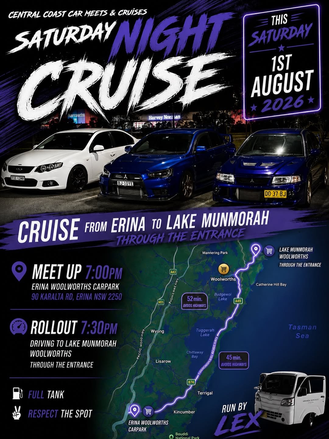 Saturday Night Cruise — JDM/Euro car meet in Central Coast, NSW on Saturday 1 August 2026