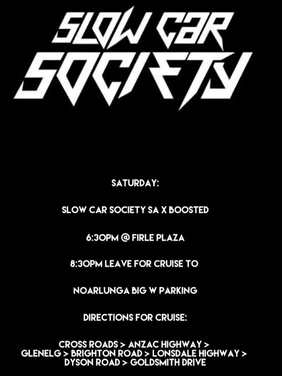 Slow Car Society SA x Boosted Meet & Cruise — Stance/JDM car meet in Adelaide, SA on Saturday 1 August 2026