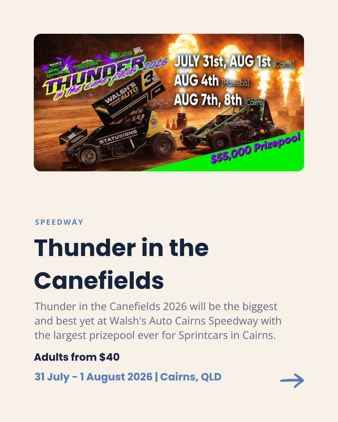 Thunder in the Canefields — spectator event in Cairns, QLD on Friday 31 July 2026