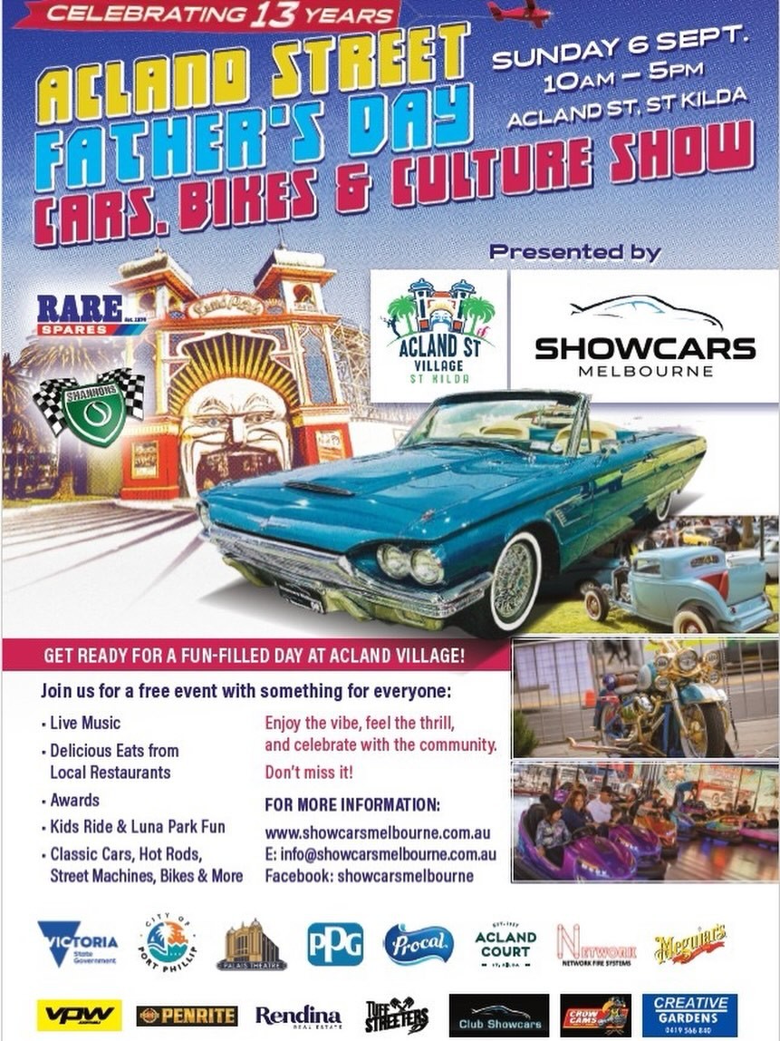 Acland Street Father's Day Cars, Bikes & Culture Show — Classic/Muscle car meet in Melbourne, VIC on Sunday 6 September 2026