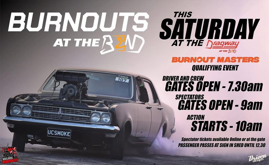 Burnouts at The Bend — Muscle spectator event in Adelaide, SA on Saturday 15 August 2026
