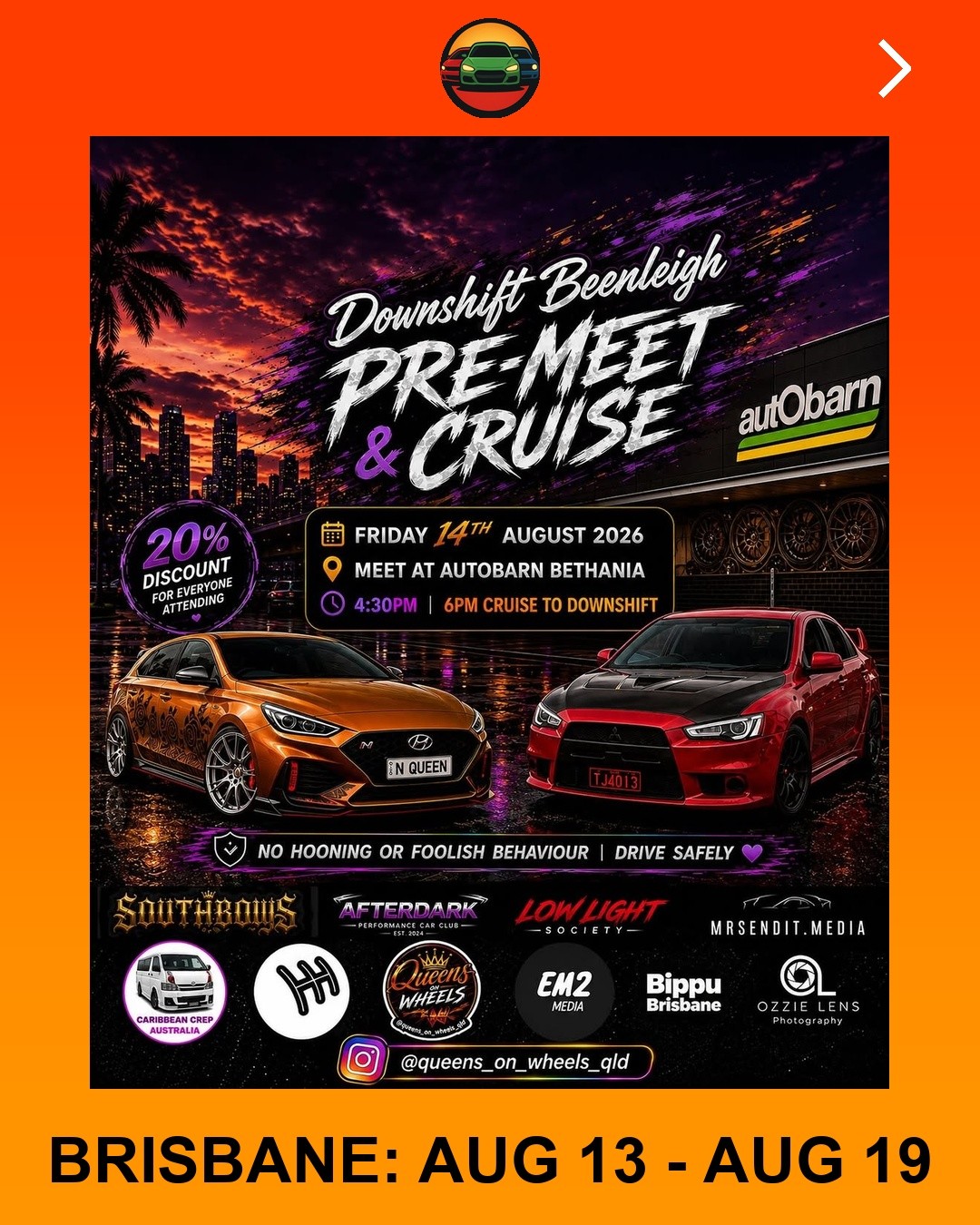 Downshift Beenleigh Pre-Meet & Cruise — JDM/Muscle car meet in Brisbane, QLD on Friday 14 August 2026