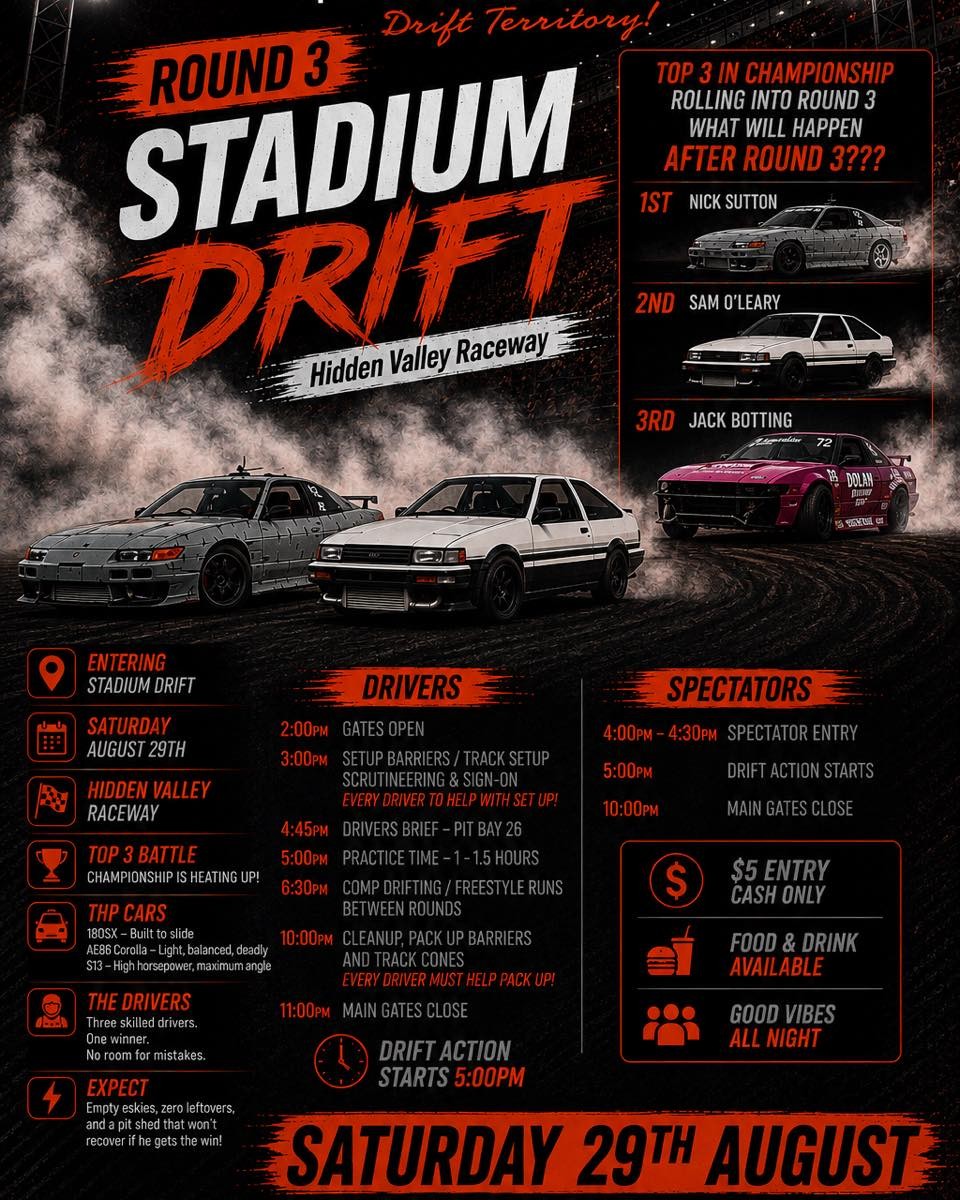Stadium Drift Round 3 — JDM spectator event in Darwin, NT on Saturday 29 August 2026