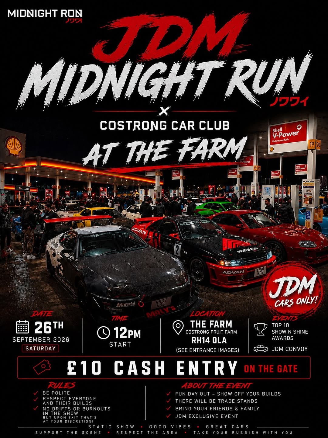 JDM Midnight Run x Costrong Car Club at the Farm — JDM car meet in International on Saturday 26 September 2026