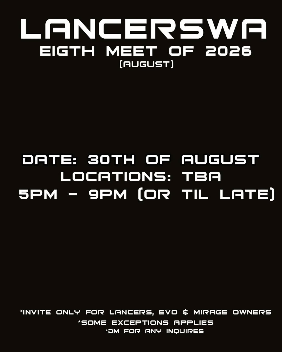 LancersWA Eighth Meet of 2026 — JDM car meet in Perth, WA on Sunday 30 August 2026