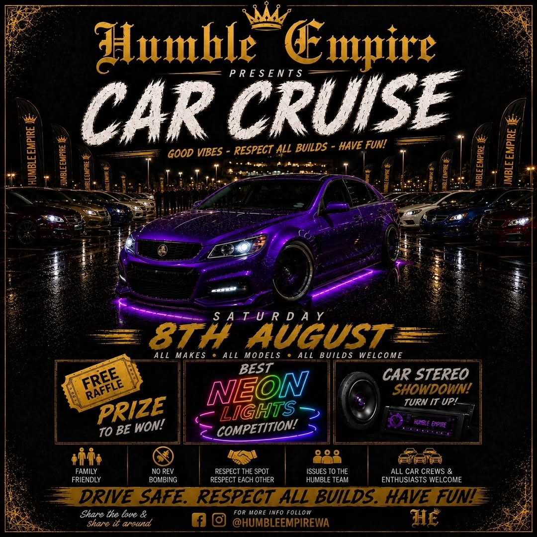 Humble Empire Car Cruise — JDM/Muscle car meet in Perth, WA on Saturday 8 August 2026