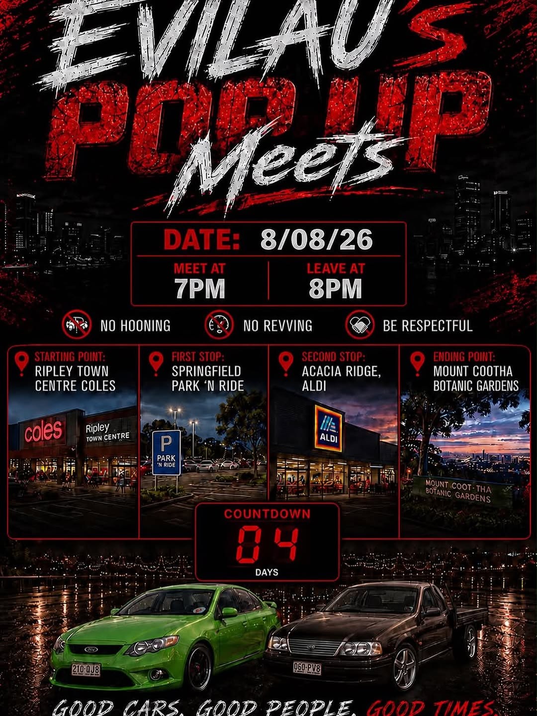 Evilau's Pop Up Meets — Muscle car meet in Brisbane, QLD on Saturday 8 August 2026