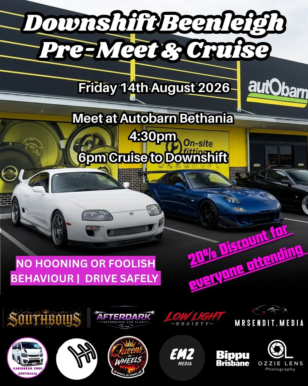 Downshift Beenleigh Pre-Meet & Cruise — Euro/JDM car meet in Brisbane, QLD on Friday 14 August 2026