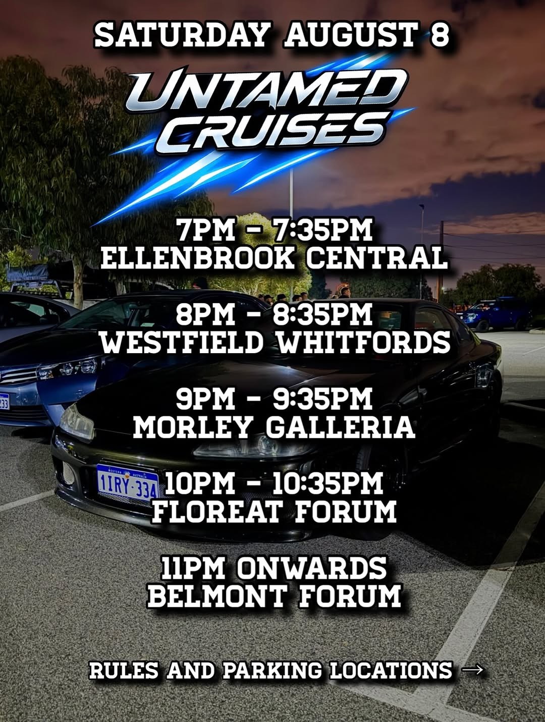 Untamed Cruises — Muscle/JDM car meet in Perth, WA on Saturday 8 August 2026