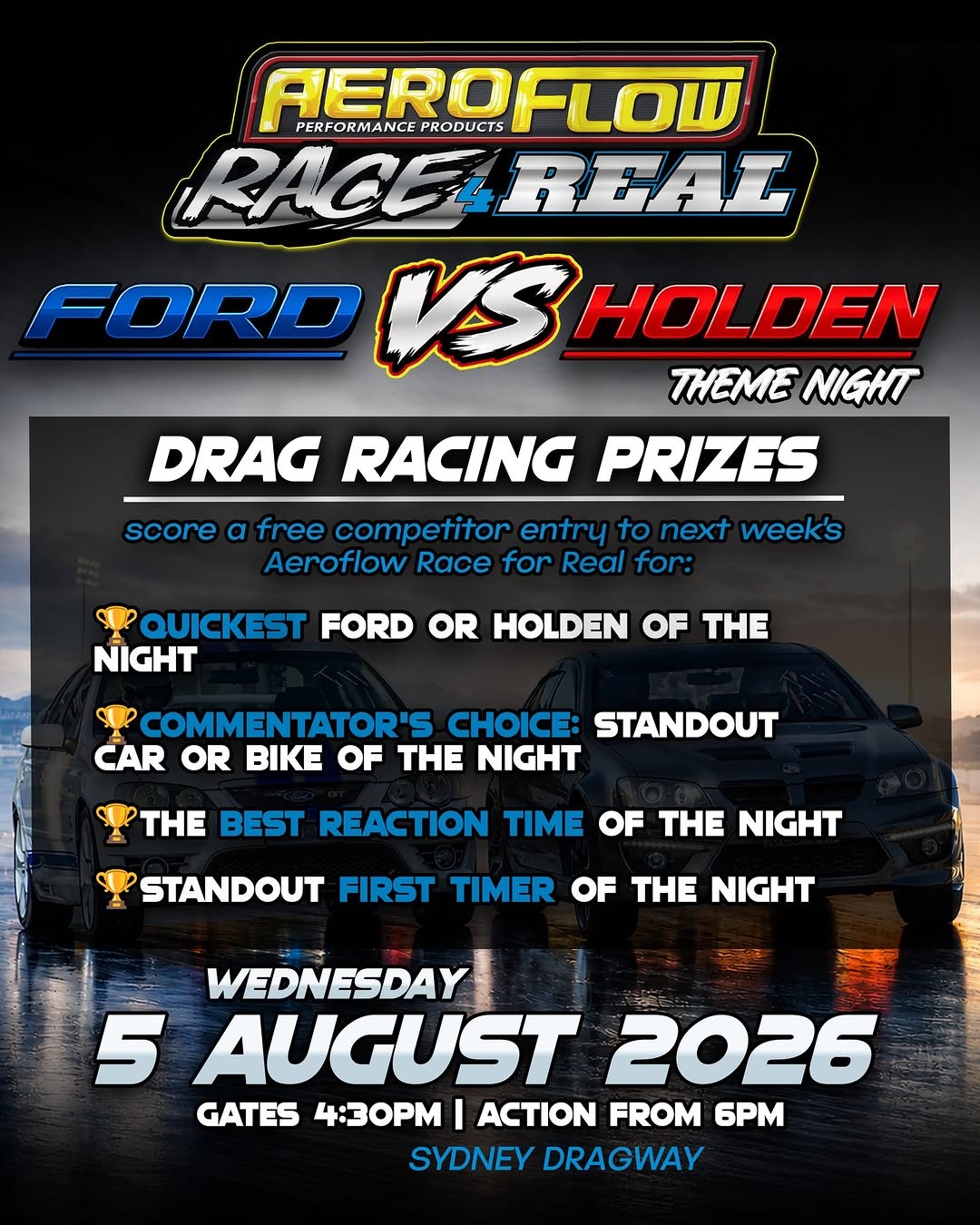 Aeroflow Race 4 Real: Ford vs Holden Theme Night — Muscle track day in Sydney, NSW on Wednesday 5 August 2026