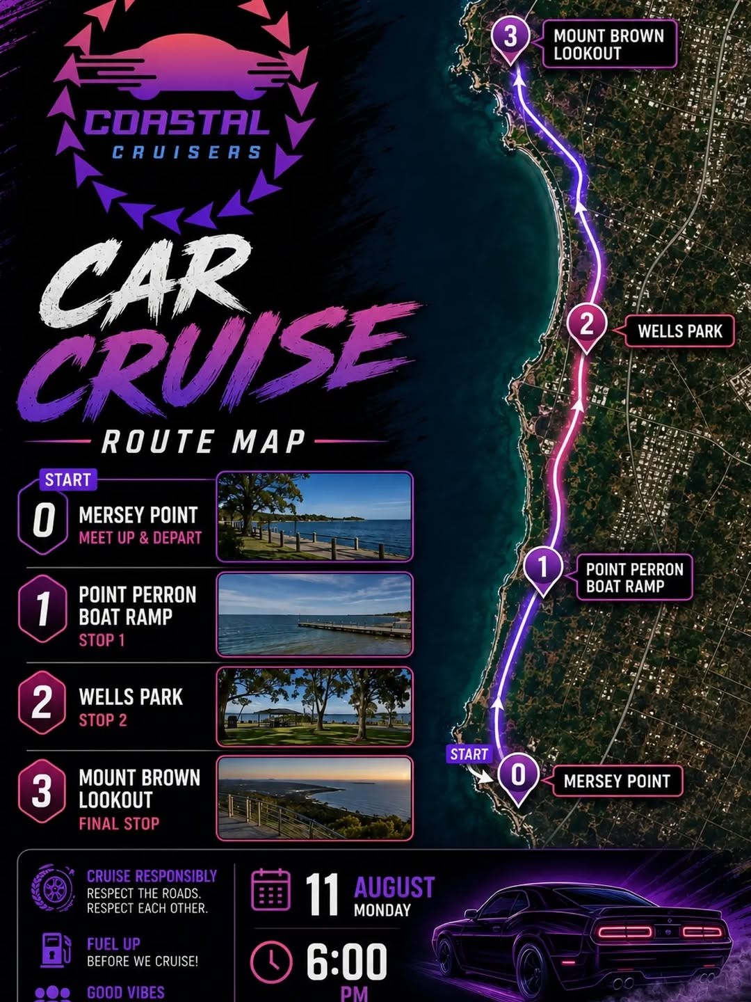 Coastal Cruisers Car Cruise — car meet in Perth, WA on Tuesday 11 August 2026