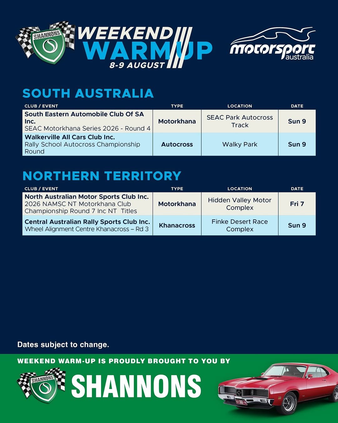 2026 NAMSC NT Motorkhana Club Championship Round 7 — track day in Darwin, NT on Friday 7 August 2026