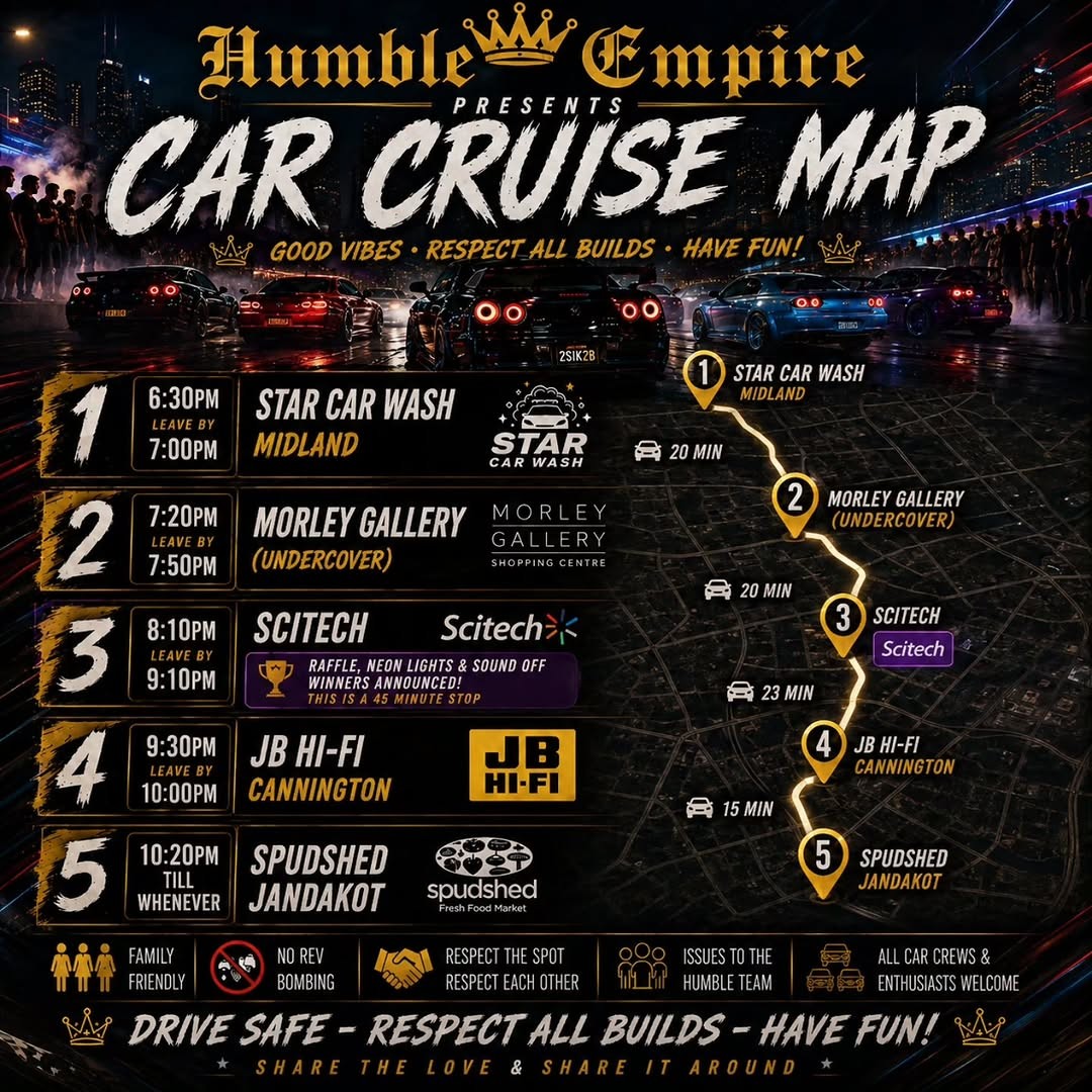 Humble Empire Car Cruise — JDM/Muscle car meet in Perth, WA on Saturday 8 August 2026