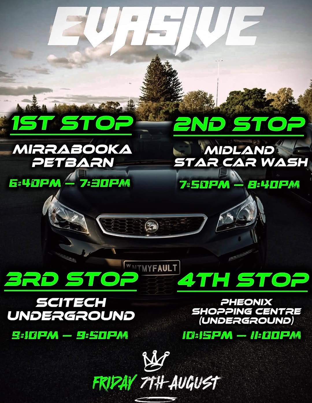 Evasive North to South Run — JDM car meet in Perth, WA on Friday 7 August 2026