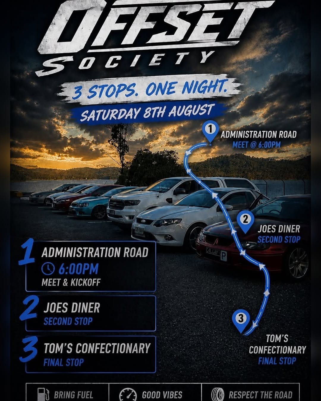 3 Stops One Night — Stance car meet in Brisbane, QLD on Saturday 8 August 2026