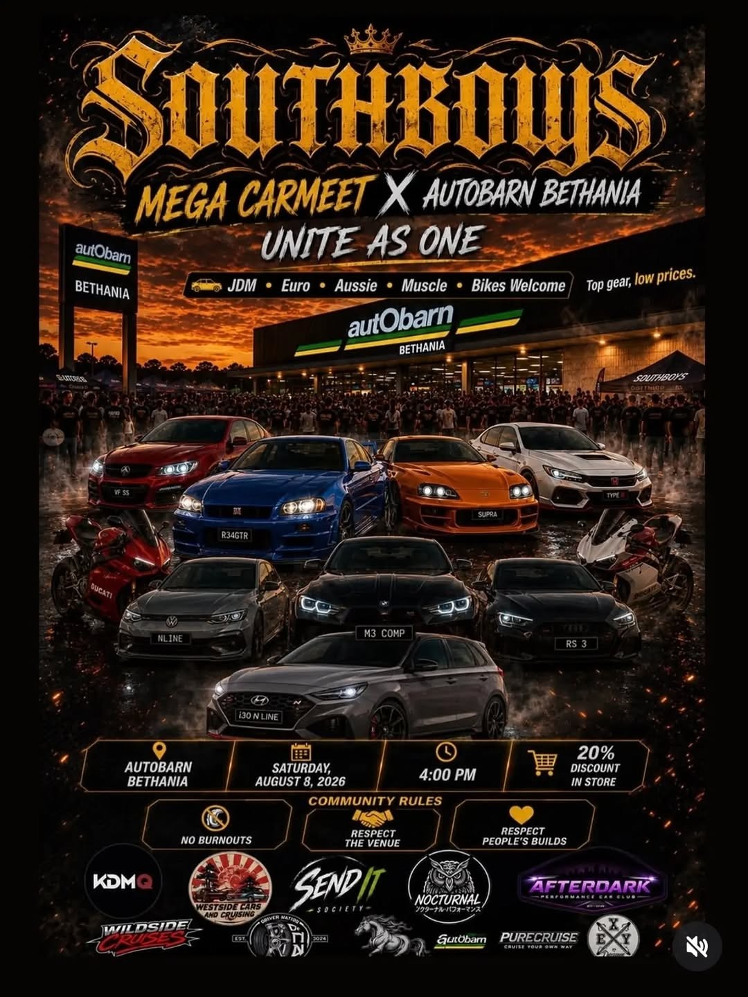 Southboys Mega Carmeet x Autobarn Bethania — JDM/Euro car meet in Brisbane, QLD on Saturday 8 August 2026