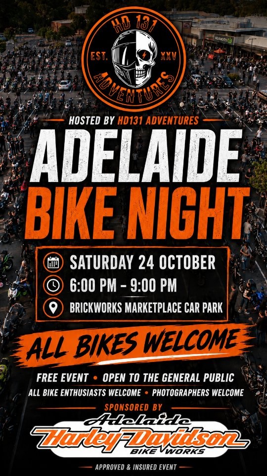Adelaide Bike Night — car meet in Adelaide, SA on Saturday 24 October 2026