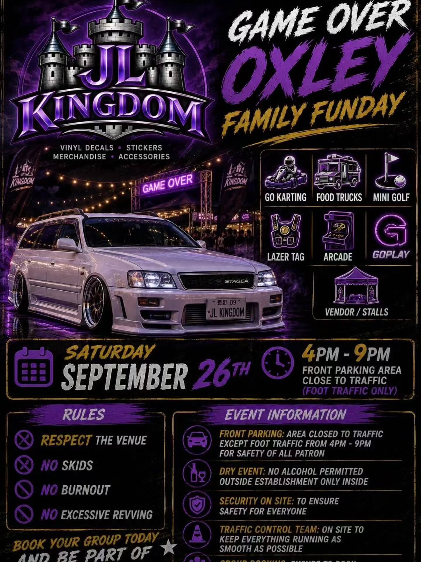 Game Over Oxley Family Funday — JDM/Stance car meet in Brisbane, QLD on Saturday 26 September 2026