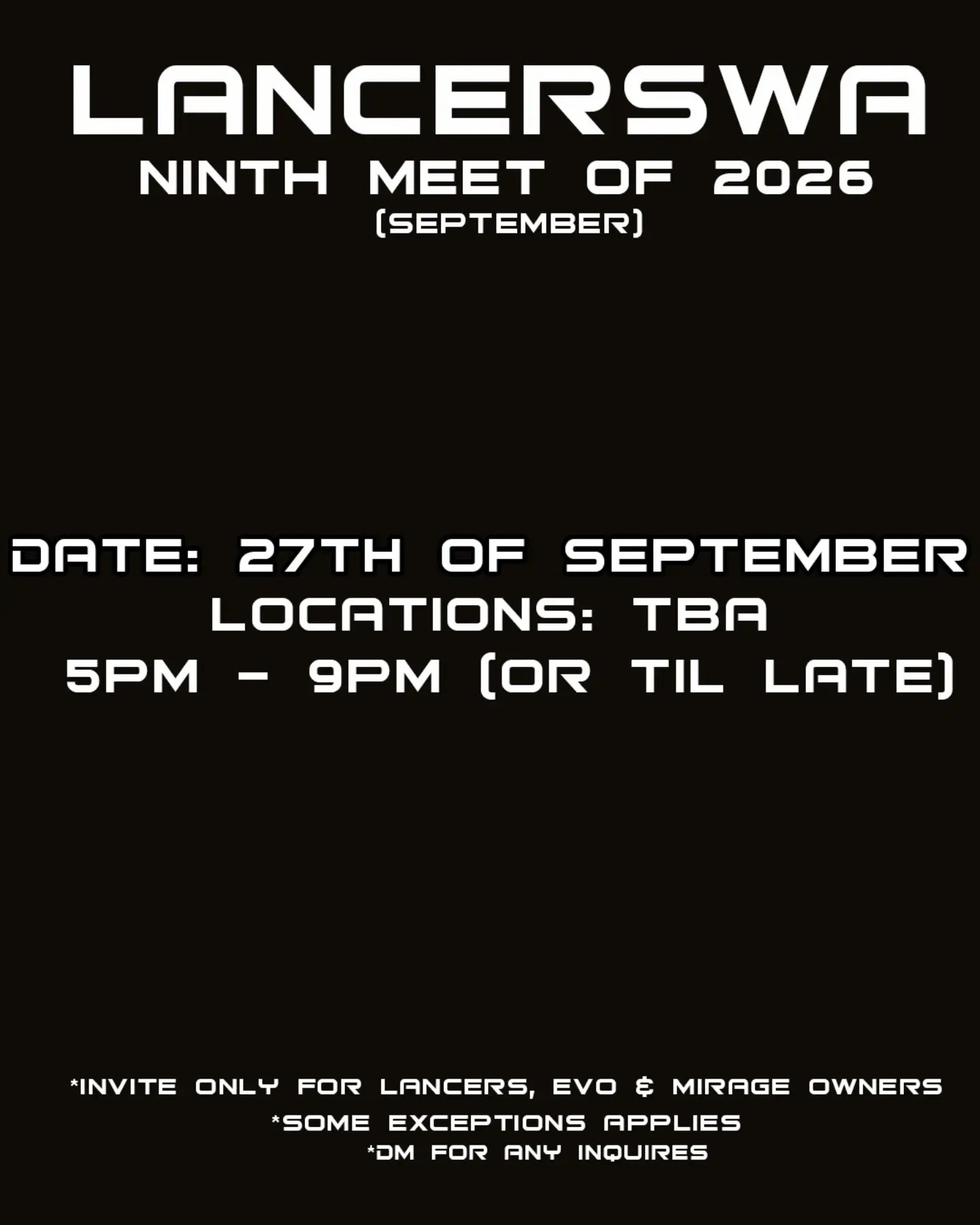 LancersWA Ninth Meet of 2026 — JDM car meet in Perth, WA on Sunday 27 September 2026