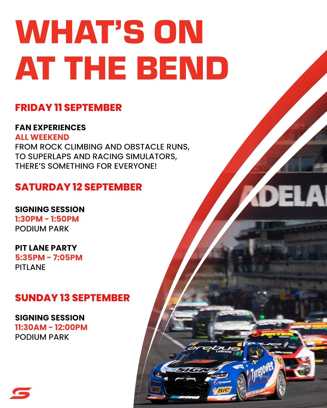 Supercars at The Bend — Muscle/Exotic spectator event in Adelaide, SA on Friday 11 September 2026