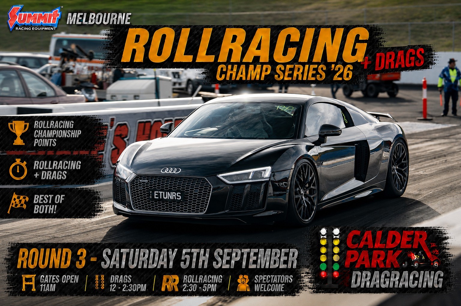 Summit RollRacing + Drags Round 3 — Muscle/JDM track day in Melbourne, VIC on Saturday 5 September 2026