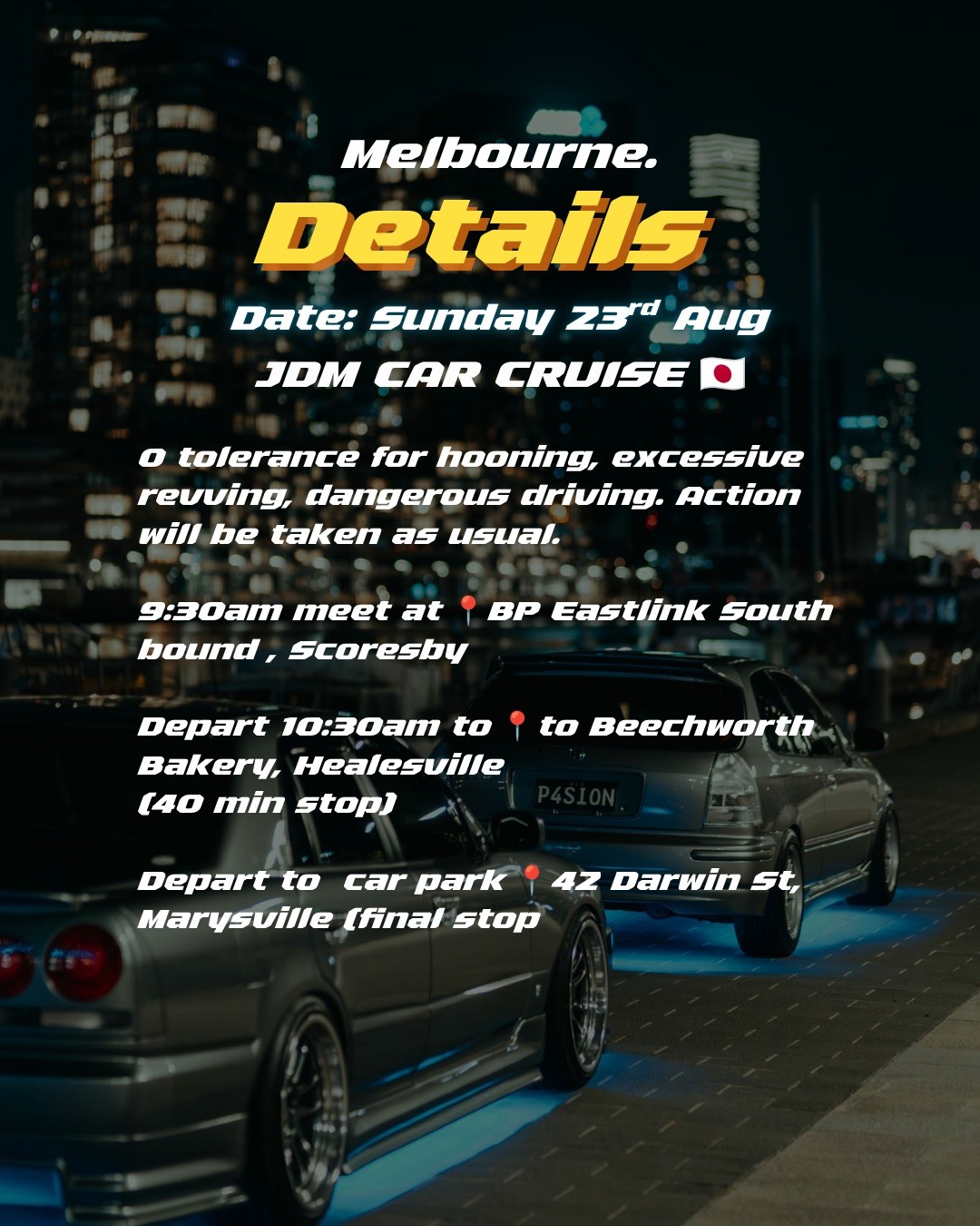JDM Car Cruise — JDM car meet in Melbourne, VIC on Sunday 23 August 2026