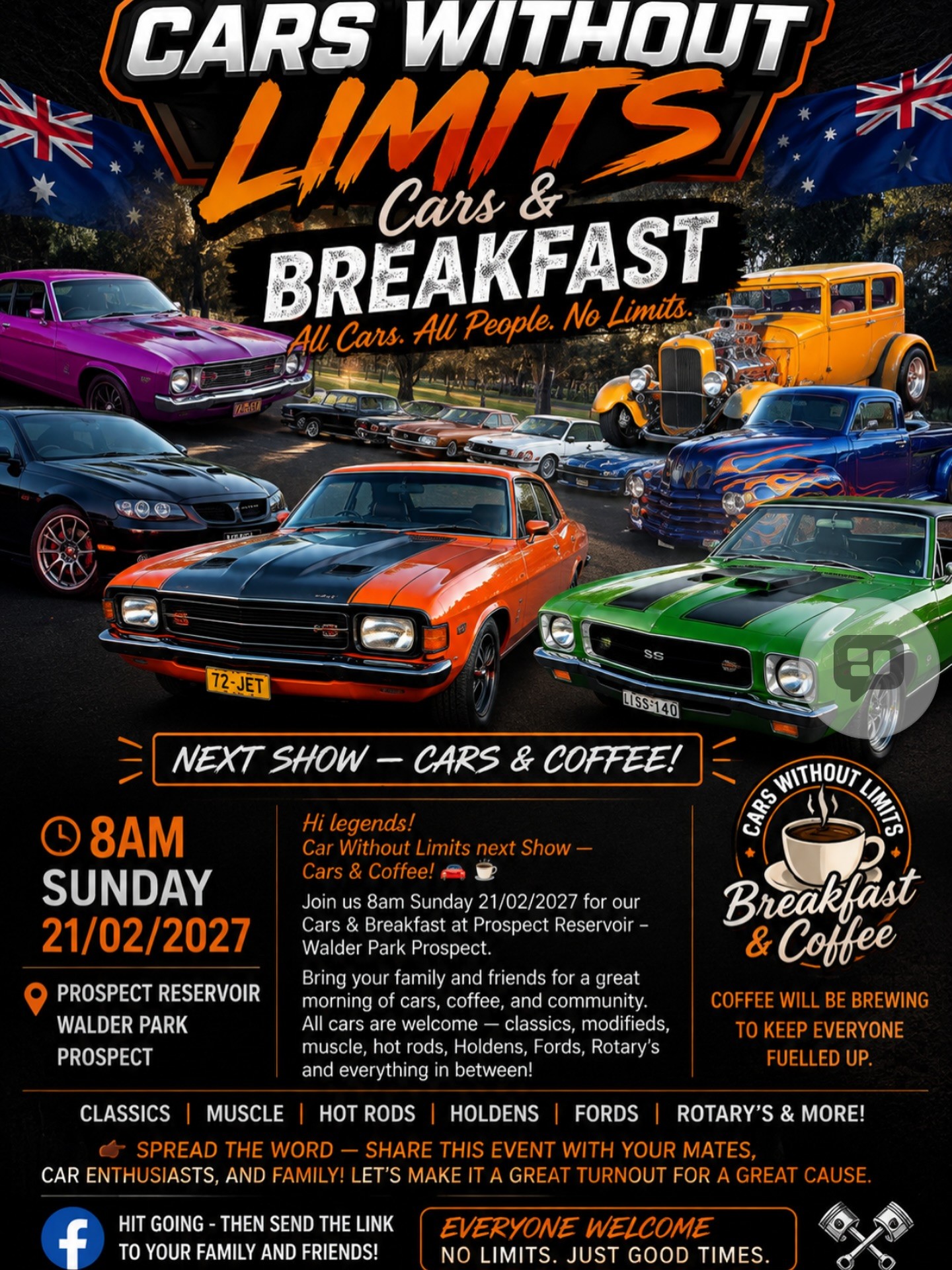 Cars Without Limits Cars & Breakfast — Classic/JDM car meet in Sydney, NSW on Sunday 21 February 2027