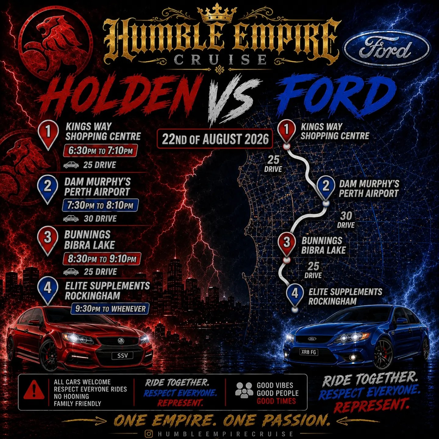 Humble Empire Holden vs Ford Cruise — Muscle car meet in Perth, WA on Saturday 22 August 2026