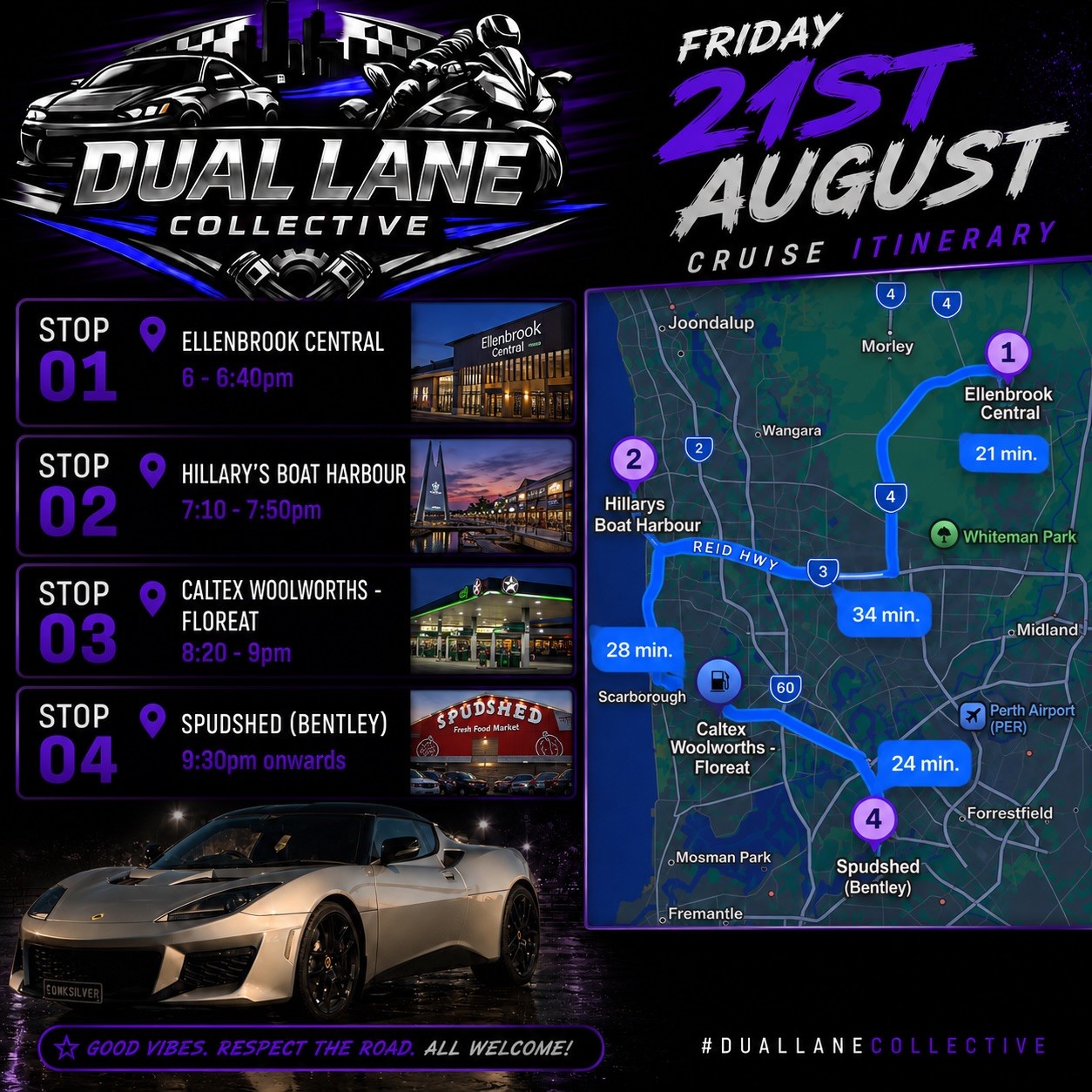 Dual Lane Collective Cruise — JDM car meet in Perth, WA on Friday 21 August 2026