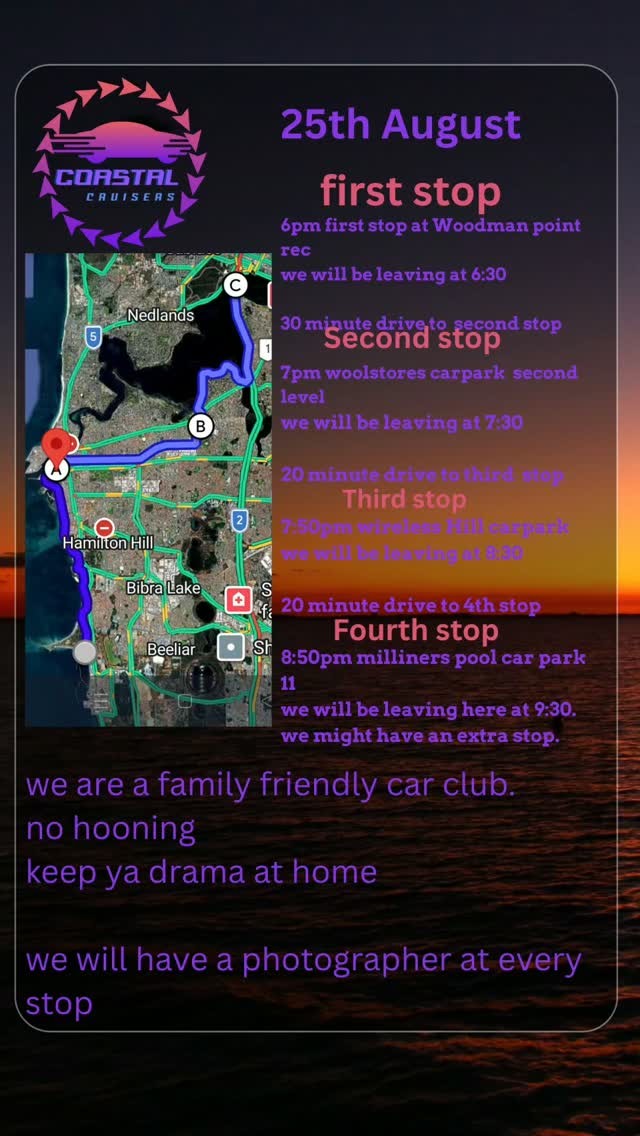 Coastal Cruisers Cruise — car meet in Perth, WA on Tuesday 25 August 2026
