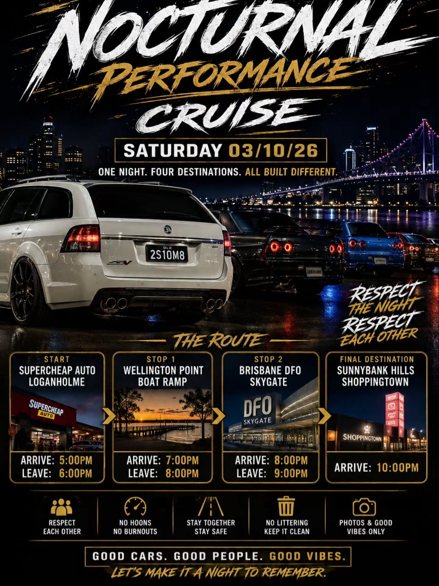 Nocturnal Performance Cruise — JDM/Muscle car meet in Brisbane, QLD on Saturday 3 October 2026