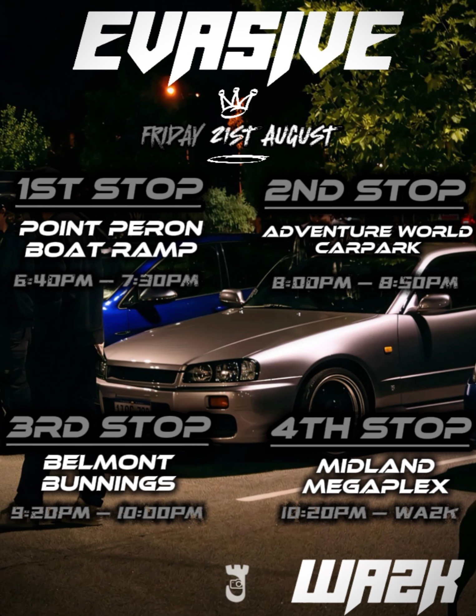 Evasive x WA2K Cruise — JDM car meet in Perth, WA on Friday 21 August 2026