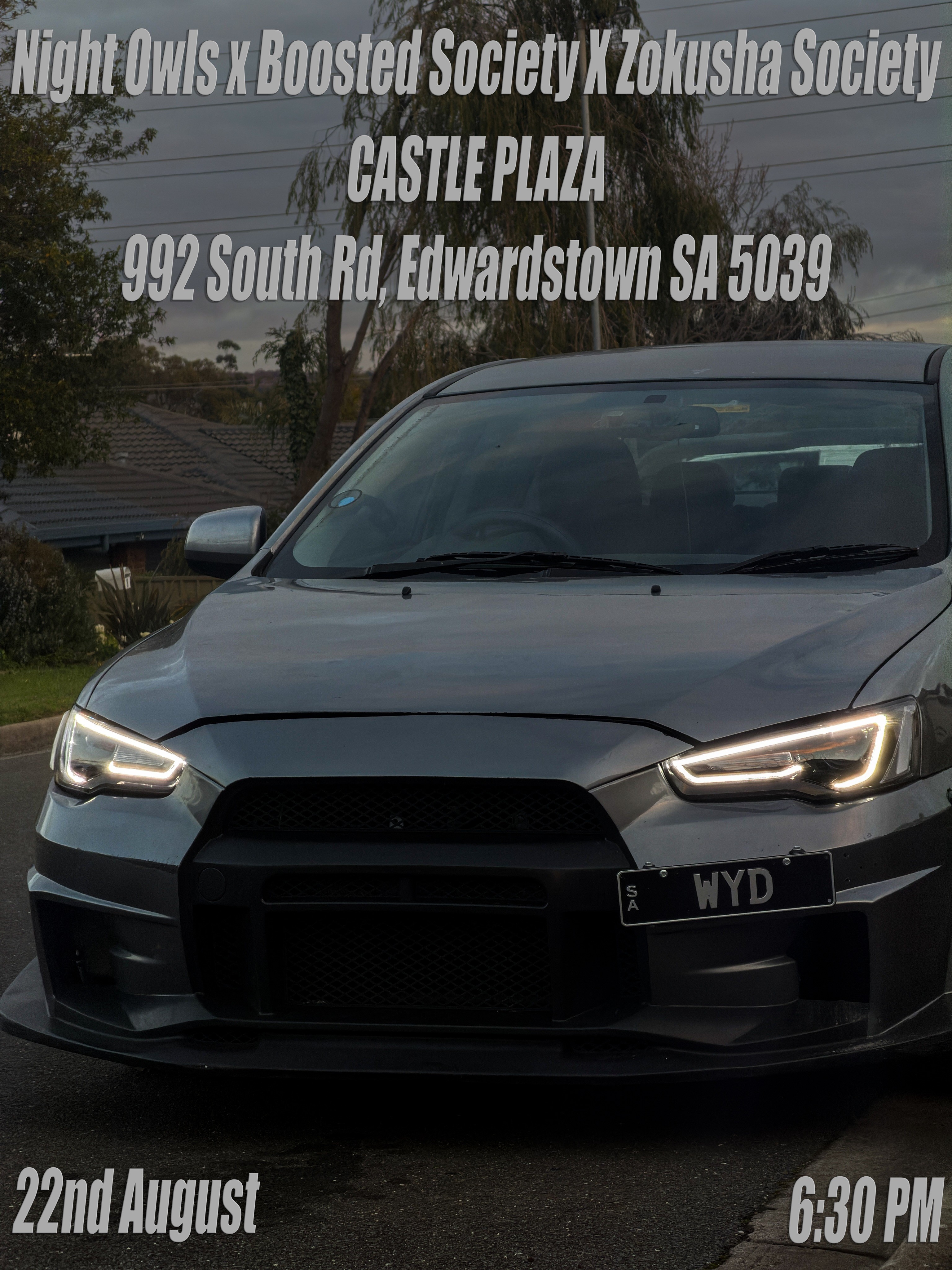 Night Owls x Boosted Society x Zokusha Society Monthly Meet — JDM car meet in Adelaide, SA on Saturday 22 August 2026