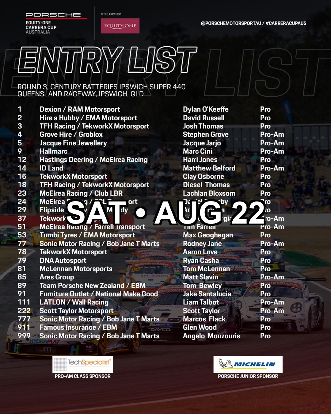 Porsche Carrera Cup Australia — Euro/Exotic spectator event in Brisbane, QLD on Saturday 22 August 2026