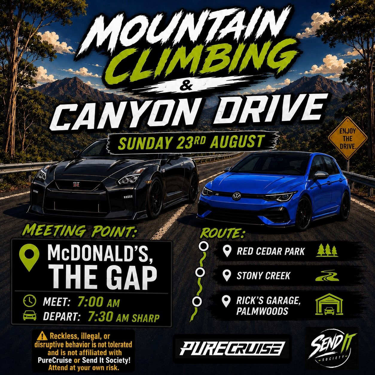 Mountain Climbing & Canyon Drive — Euro/JDM car meet in Brisbane, QLD on Sunday 23 August 2026