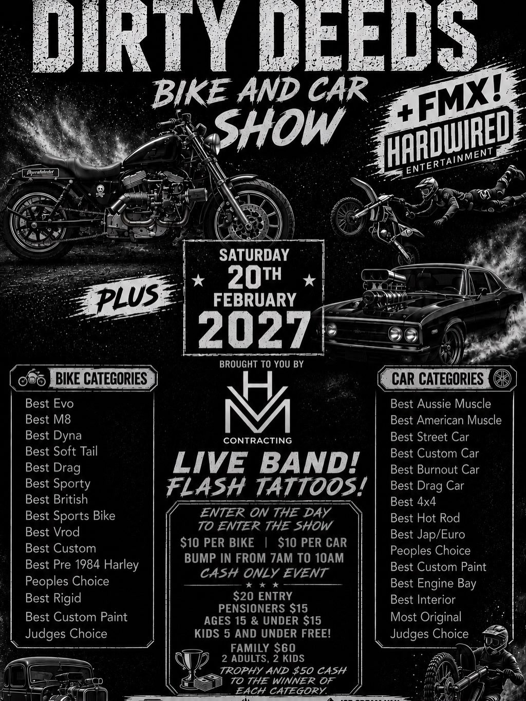 Dirty Deeds Bike and Car Show — Muscle/JDM car meet in Perth, WA on Saturday 20 February 2027
