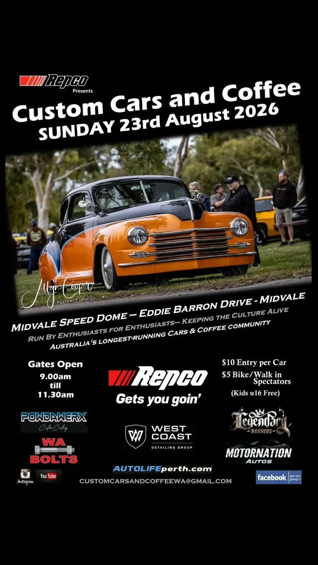 Custom Cars and Coffee — Classic/Muscle car meet in Perth, WA on Sunday 23 August 2026