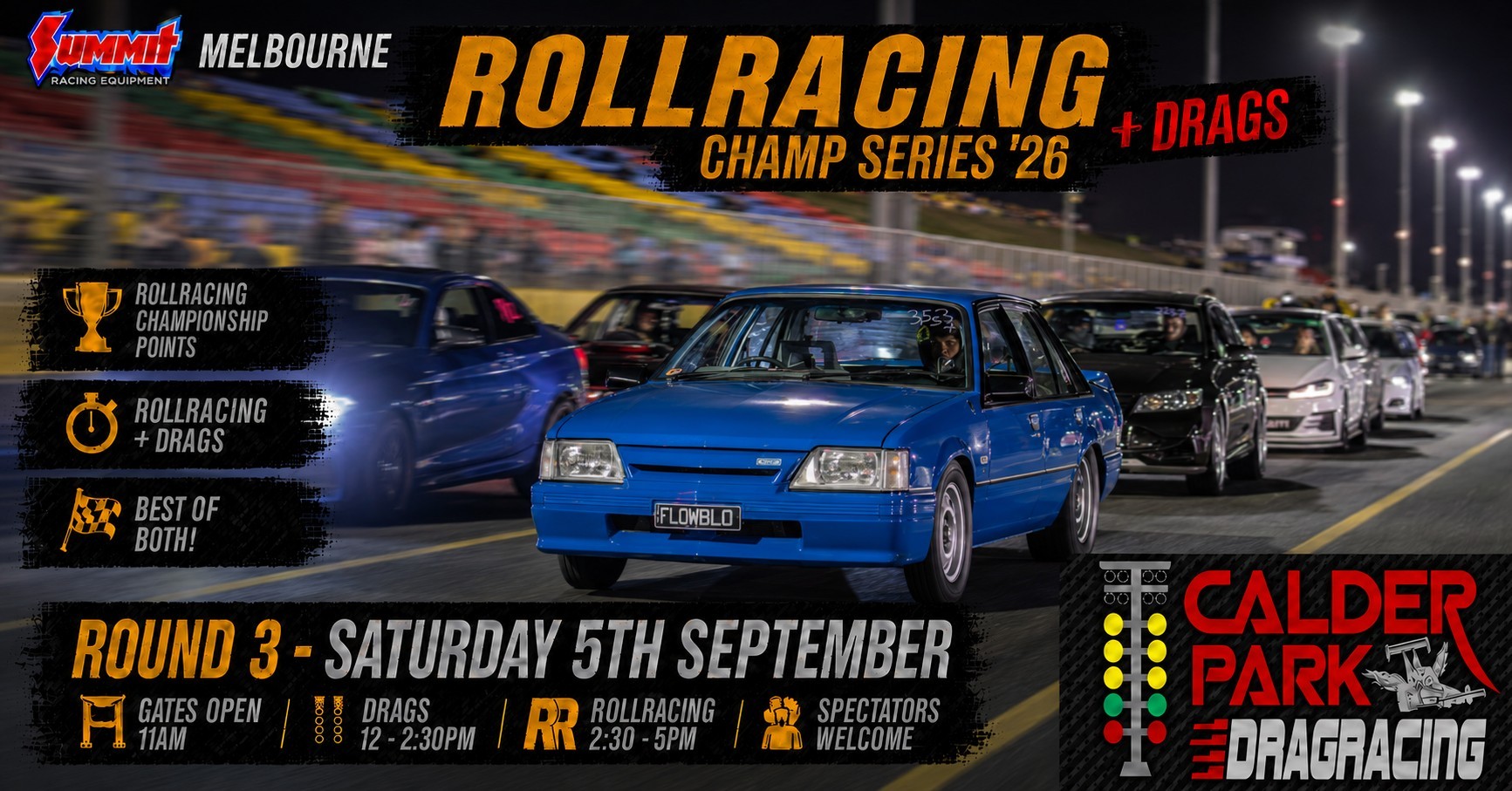 Summit RollRacing + Drags Round 3 — Muscle track day in Melbourne, VIC on Saturday 5 September 2026