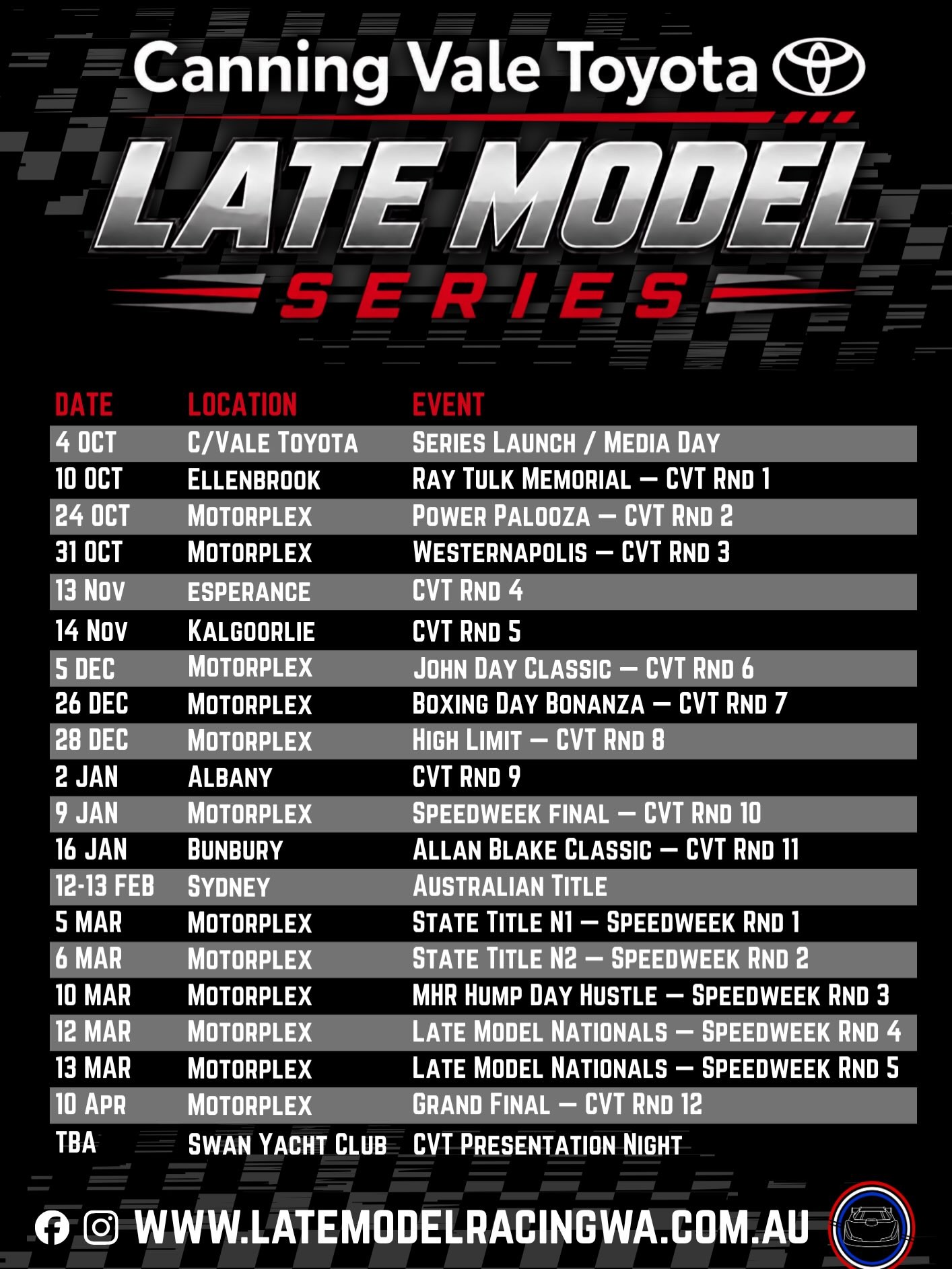 Canning Vale Toyota Late Model Series — Muscle spectator event in Perth, WA on Sunday 4 October 2026