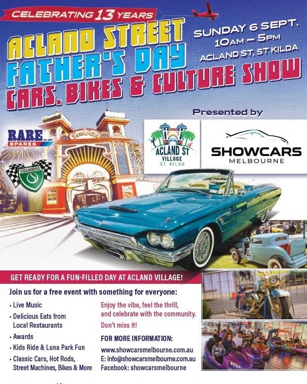 Acland Street Father's Day Cars, Bikes & Culture Show — Classic/Muscle car meet in Melbourne, VIC on Sunday 6 September 2026