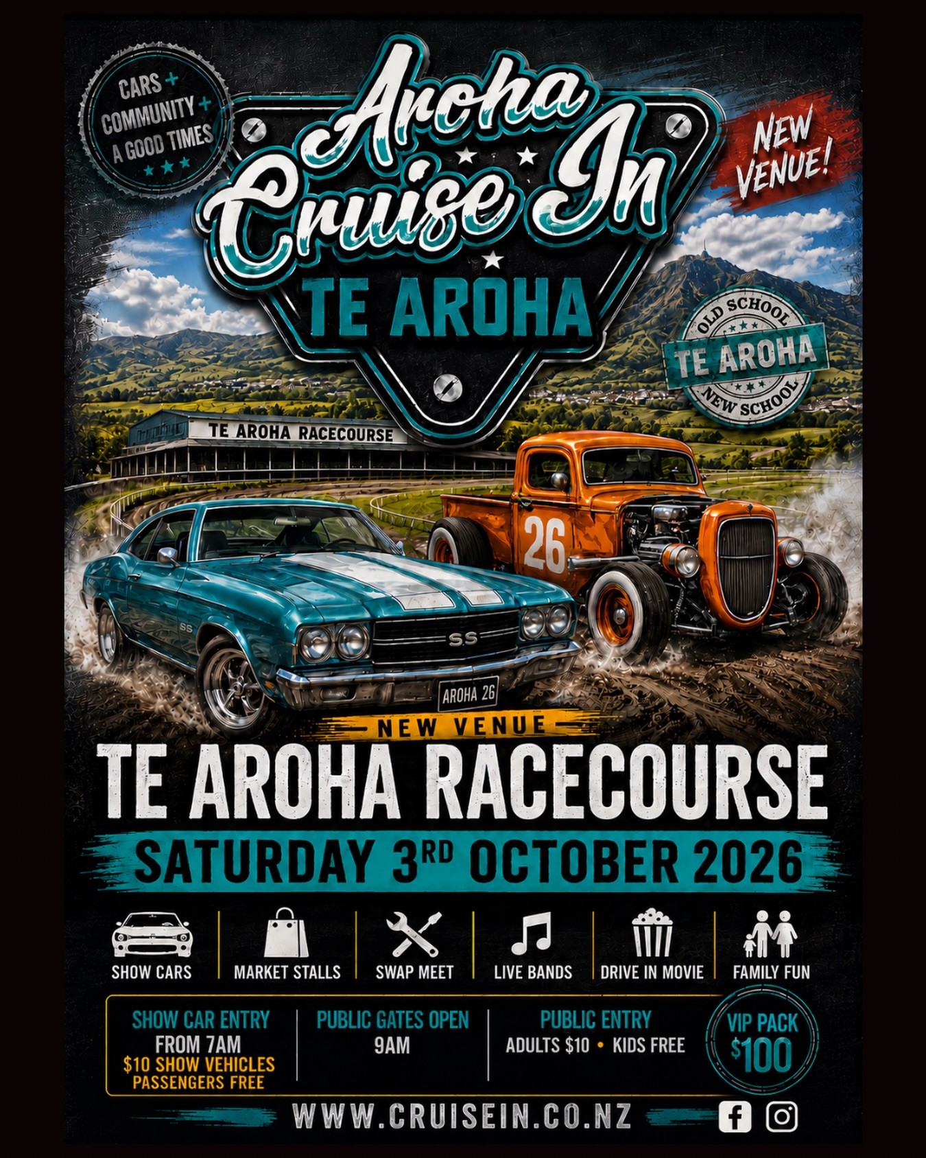 Aroha Cruise In — Classic/Muscle car meet in International on Saturday 3 October 2026