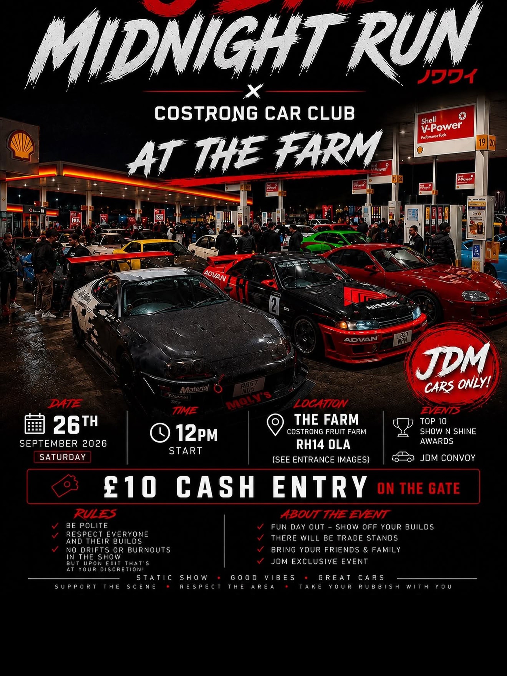 Midnight Run x Costrong Car Club At The Farm — JDM car meet in International on Saturday 26 September 2026
