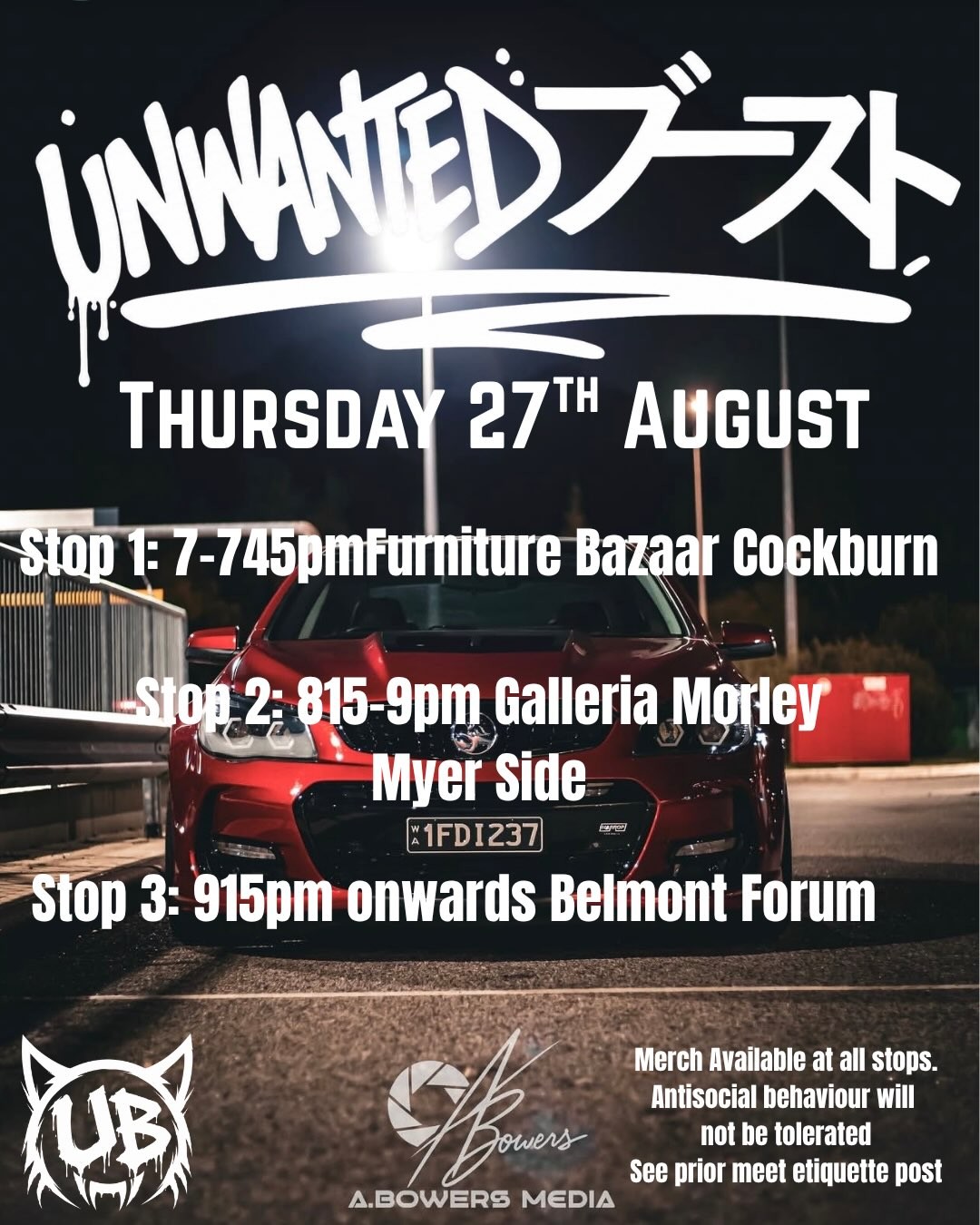 Unwanted Boost Cruise — JDM car meet in Perth, WA on Thursday 27 August 2026