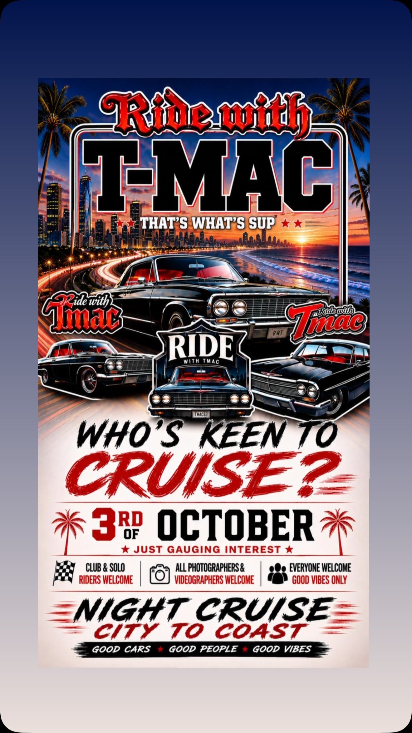 Ride with T-MAC Night Cruise — Classic car meet in Brisbane, QLD on Saturday 3 October 2026