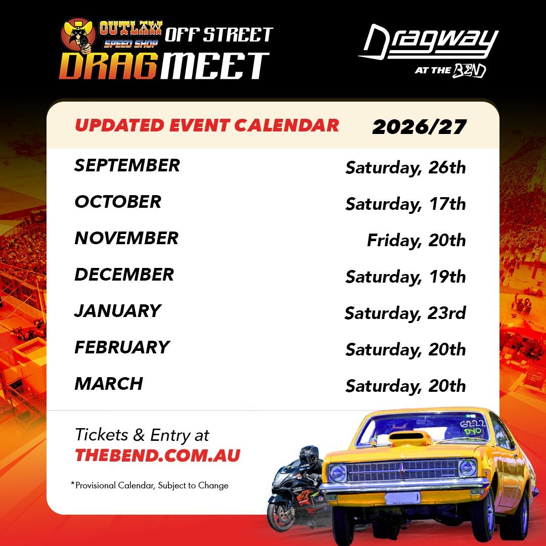 Outlaw Speed Shop Off Street Dragmeet — Muscle track day in Adelaide, SA on Saturday 26 September 2026