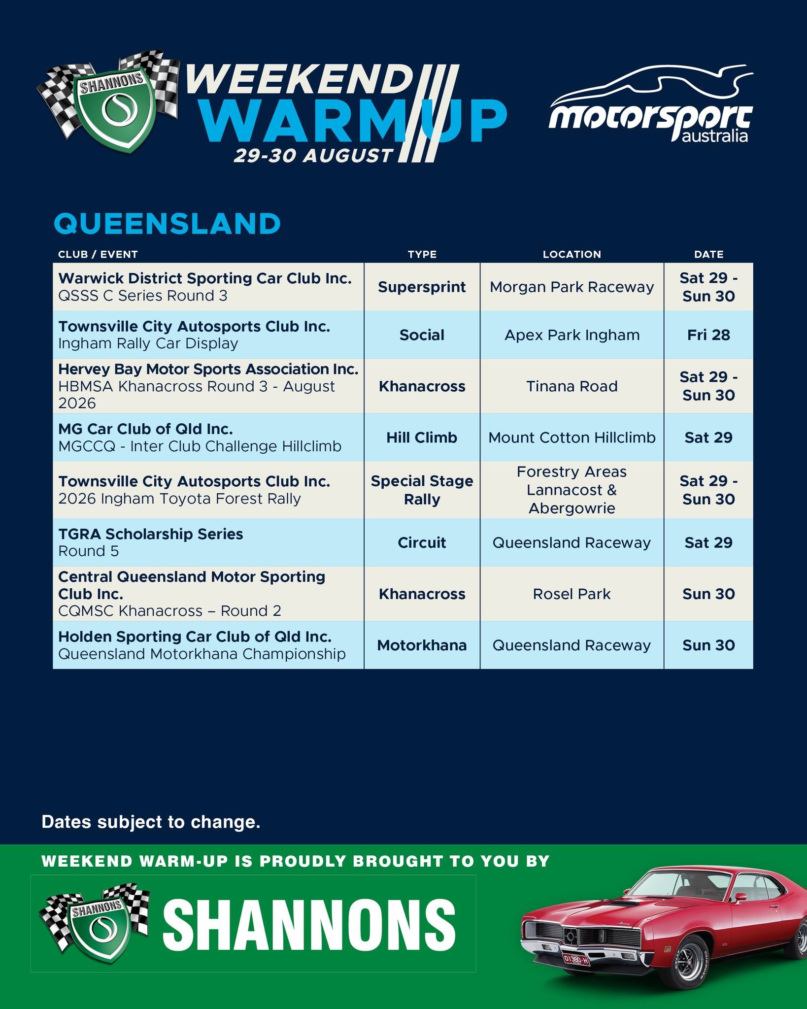 Ingham Rally Car Display — car meet in Brisbane, QLD on Friday 28 August 2026